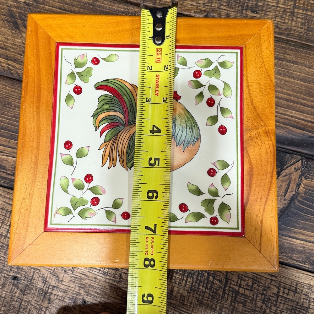 Colorful Rooster Ceramic Tile Trivet with Wooden Frame - Picture 3 of 3